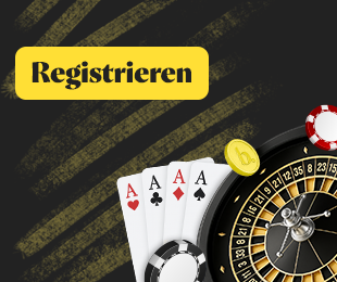 Registrieren Button mit Roulette Rad und Spielkarten
